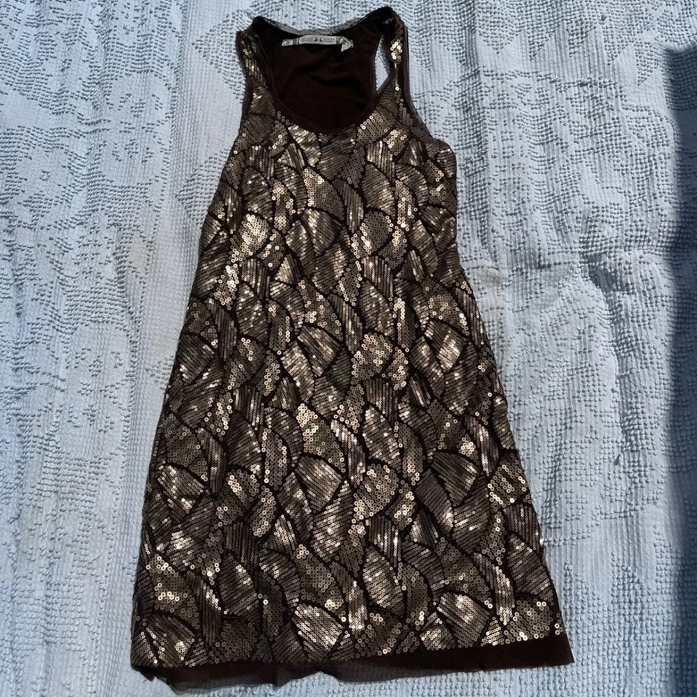 Chelsea & Violet Size S Tank Sequin Pull Over Dress Beige Brown